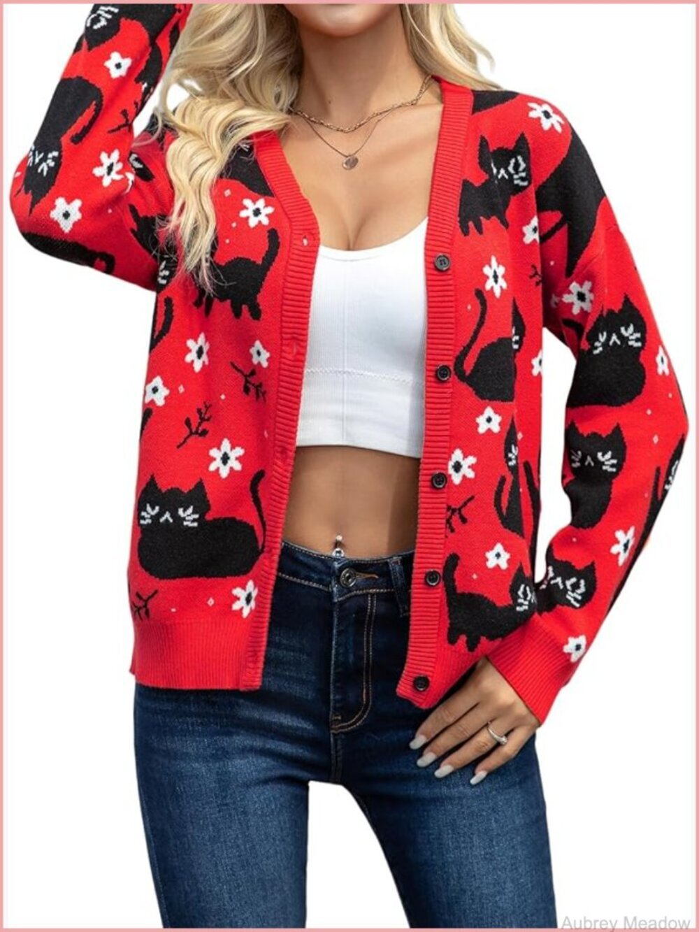 Black Cat Knit Cardigan Button Down V Neck Long Sleeve Open Front Sweater